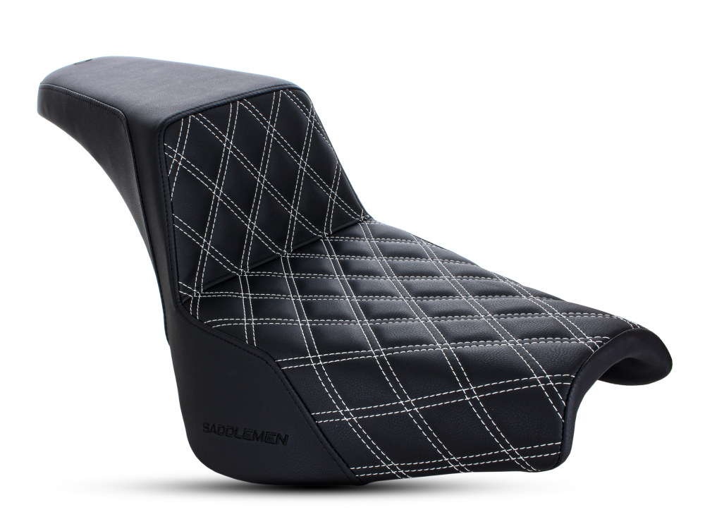 Step-Up LS Dual Seat with White Double Diamond Lattice Stitch. Fits Softail Street Bob 2018up & Standard 2020up.