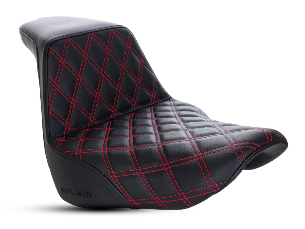 Step-Up LS Dual Seat with Red Double Diamond Lattice Stitch. Fits Softail Deluxe, Heritage Classic & Slim 2018up