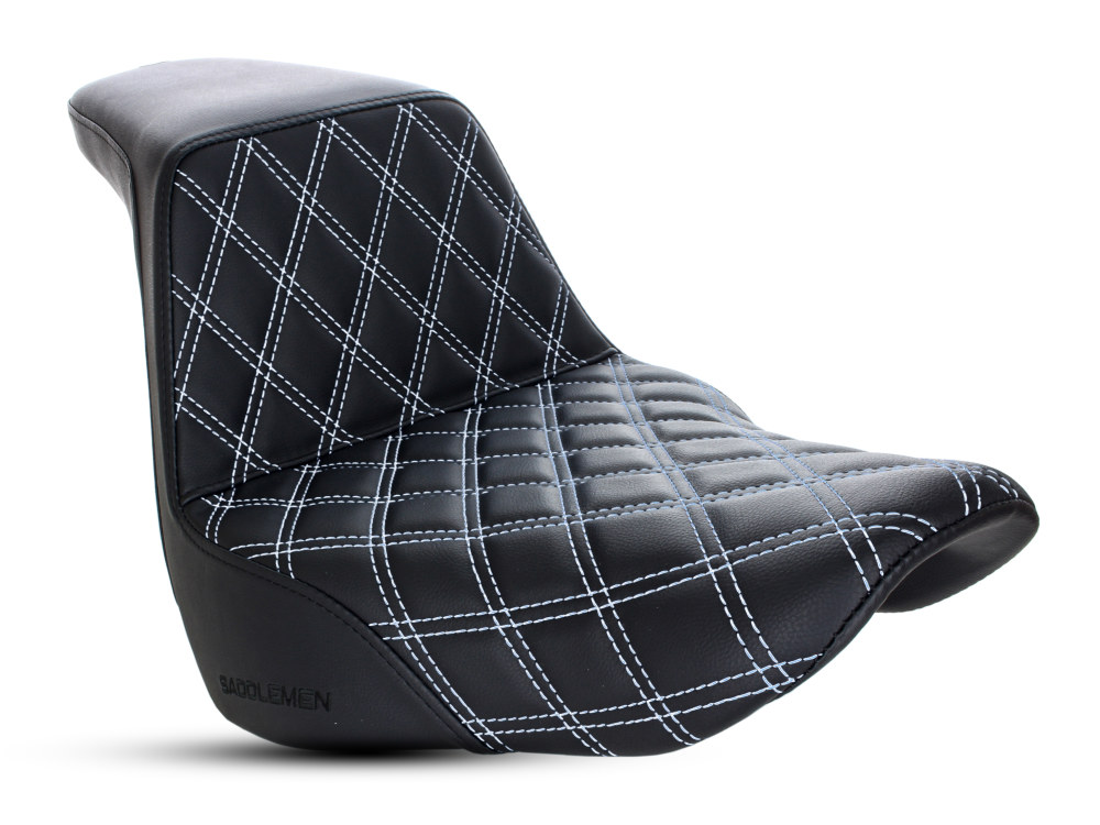 Step-Up LS Dual Seat with White Double Diamond Lattice Stitch. Fits Softail Deluxe, Heritage Classic & Slim 2018up
