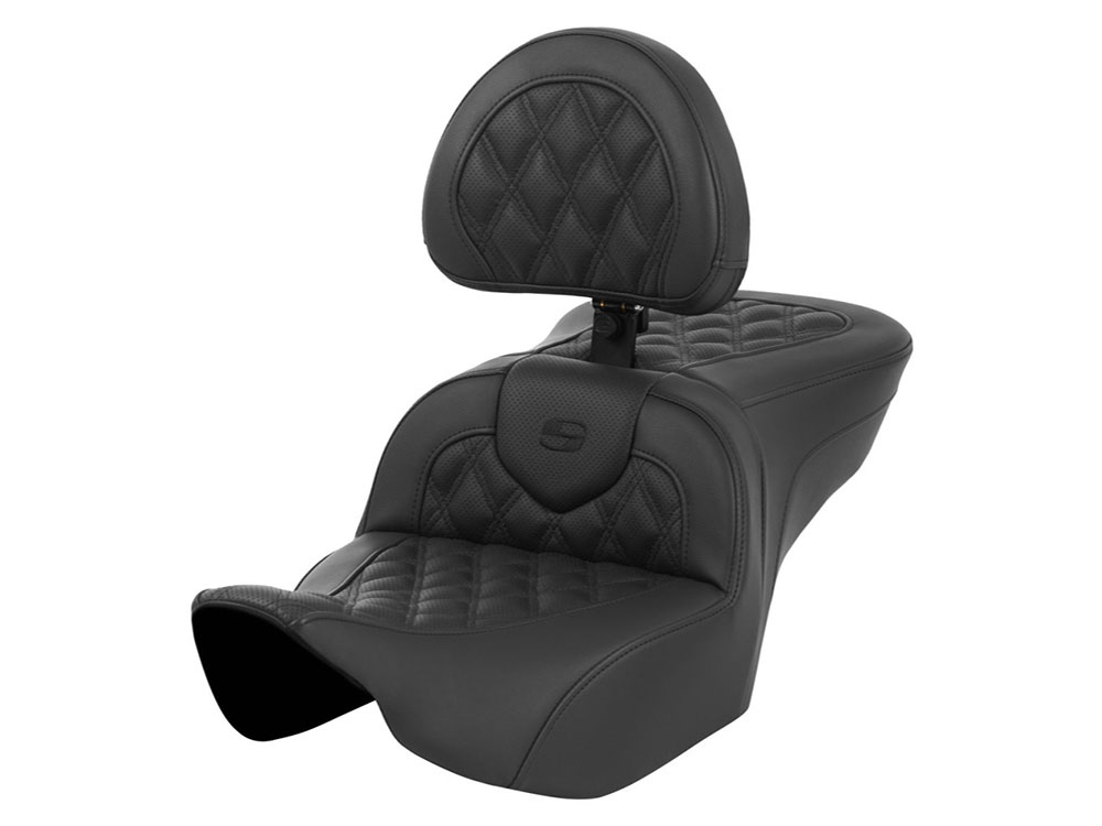Roadsofa LS Dual Seat With Backrest & Black Double Diamond Lattice Stitch. Fits CVO Touring 2023up, Street Glide & Road Glide 2024up, Touring 2025up