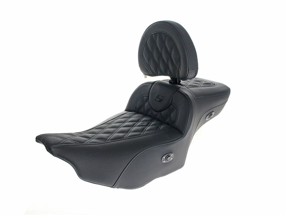 Heated Roadsofa LS Dual Seat With Backrest & Black Double Diamond Lattice Stitch. Fits CVO Touring 2023up, Street Glide & Road Glide 2024up, Touring 2025up