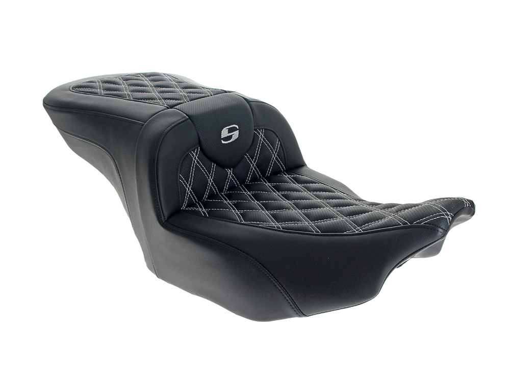 Roadsofa LS Dual Seat with White Double Diamond Lattice Stitch. Fits CVO Touring 2023up & Street Glide & Road Glide 2024up