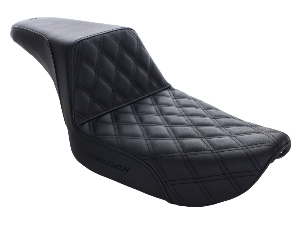 Step-Up LS Dual Seat with Black Double Diamond Lattice Stitch. Fits Dyna 1996-2003.