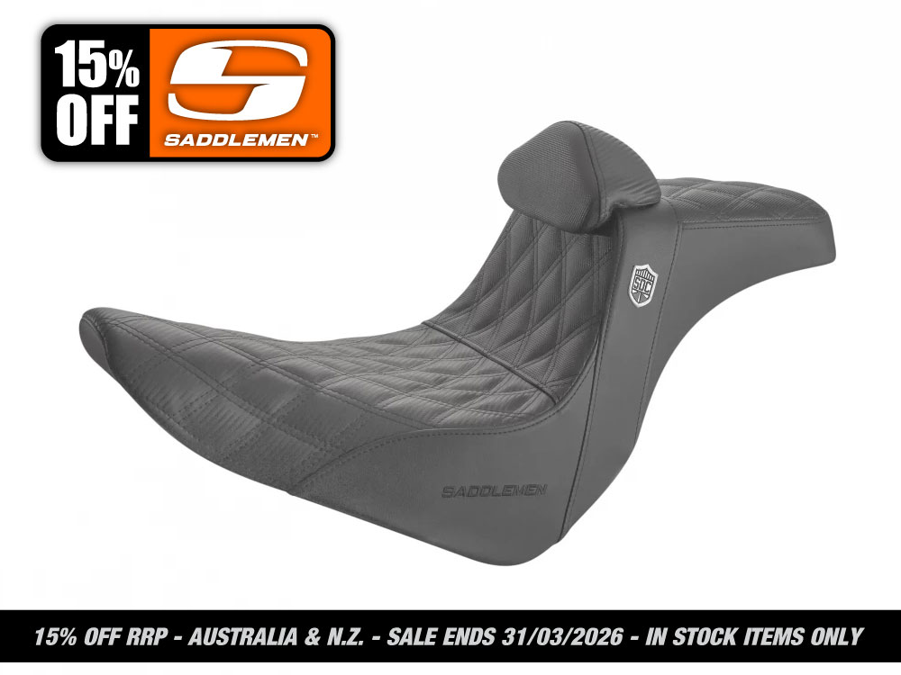 SADDLEMEN SEATS Pro Series San Diego Customs Performance Gripper Dual Seat with Backrest & Black Stitch. Fits Sport Glide & Low Rider 2018up, Low Rider S 2020up & Low Rider ST 2022up