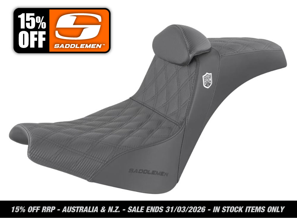 SADDLEMEN SEATS Pro Series San Diego Customs Performance Gripper Dual Seat with Backrest & Black Stitch. Fits Softail Street Bob 2018up & Standard 2020up