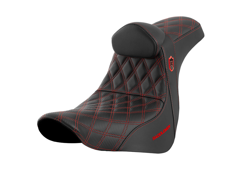 SADDLEMEN SEATS Pro Series San Diego Customs Performance Gripper Dual Seat with Backrest & Red Stitch. Fits Softail Street Bob 2018up & Standard 2020up