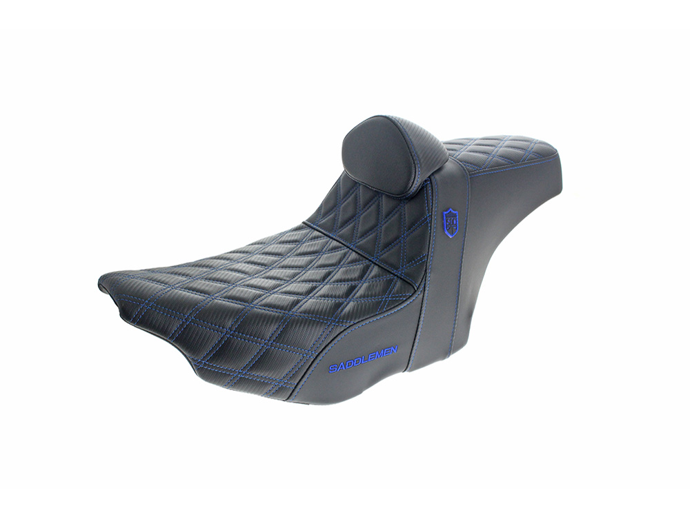 Step-Up San Diego Customs Pro Series Gripper Dual Seat With Backrest & Blue Stitch. Fits CVO Touring 2023up, Street Glide & Road Glide 2024up, Touring 2025up