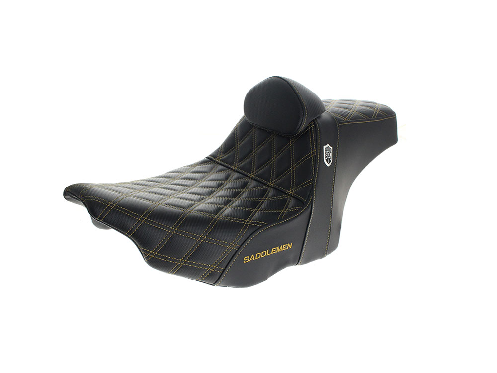 Step-Up San Diego Customs Pro Series Gripper Dual Seat With Backrest & Gold Stitch. Fits CVO Touring 2023up, Street Glide & Road Glide 2024up, Touring 2025up