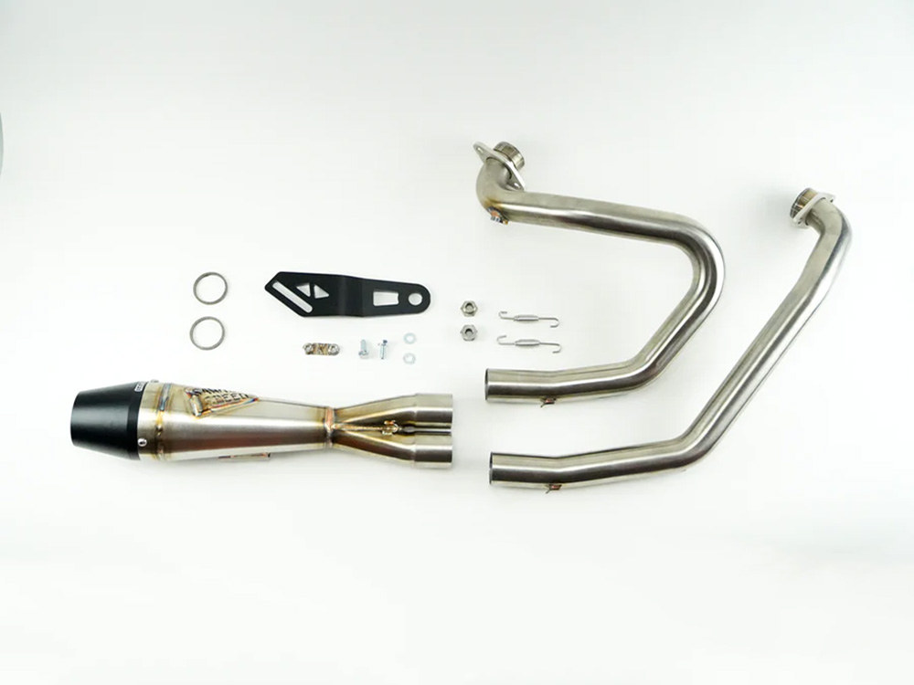 Shorty 2-into-1 Exhaust with Billet End Cap - Stainless. Fits Sportster 2004-2021 with Mid Controls.