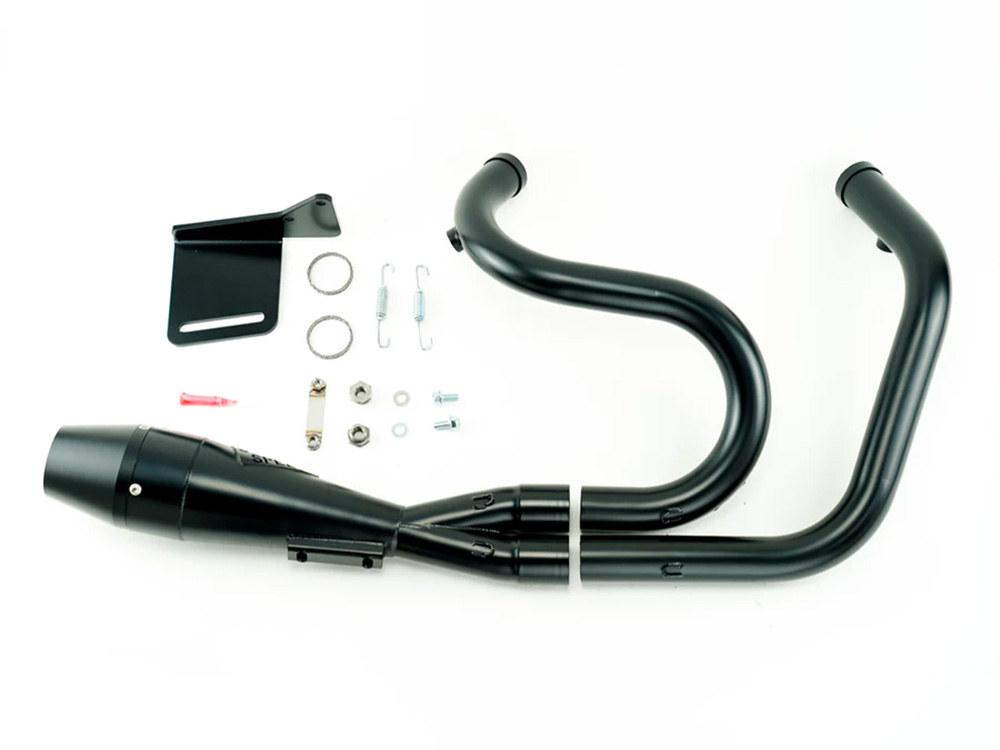Shorty 2-into-1 Exhaust with Billet End Cap - Black. Fits Sportster 2004-2021 with Mid Controls.