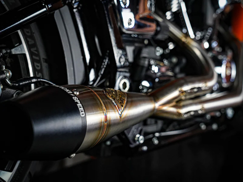 Shorty 2-into-1 Exhaust with Billet End Cap - Stainless. Fits Softail 2018up with 240 Rear Tyre.