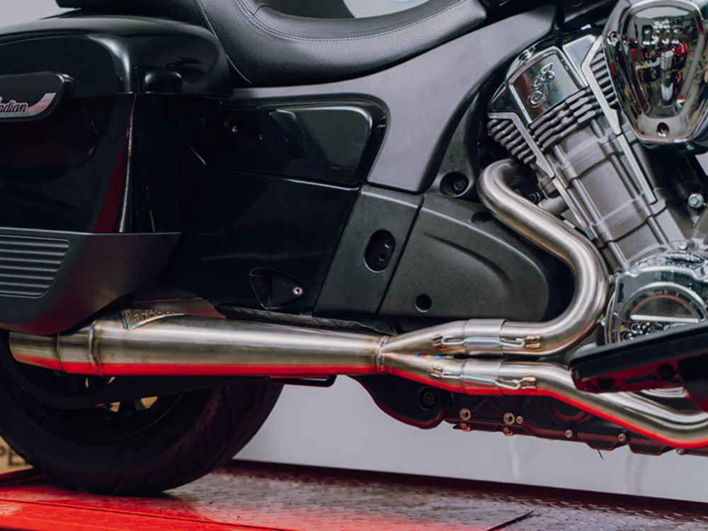 Mid Length 2-into-1 Exhaust with Welded End Cap - Stainless. Fits Indian Challenger 2020up.