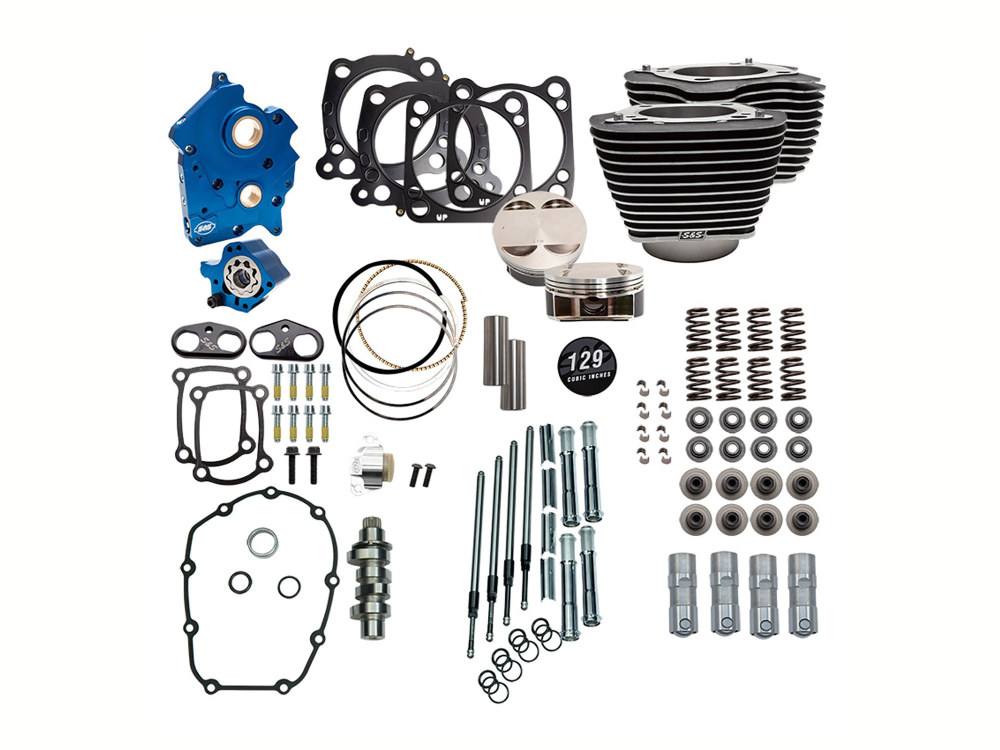 Power Pack – 129ci Big Bore Kit with Chain Drive 550 Camshaft, Highlighted Fins & Chrome Pushrod Tubes. Fits Milwaukee-Eight 2017up with 107ci Oil Cooled Engine.