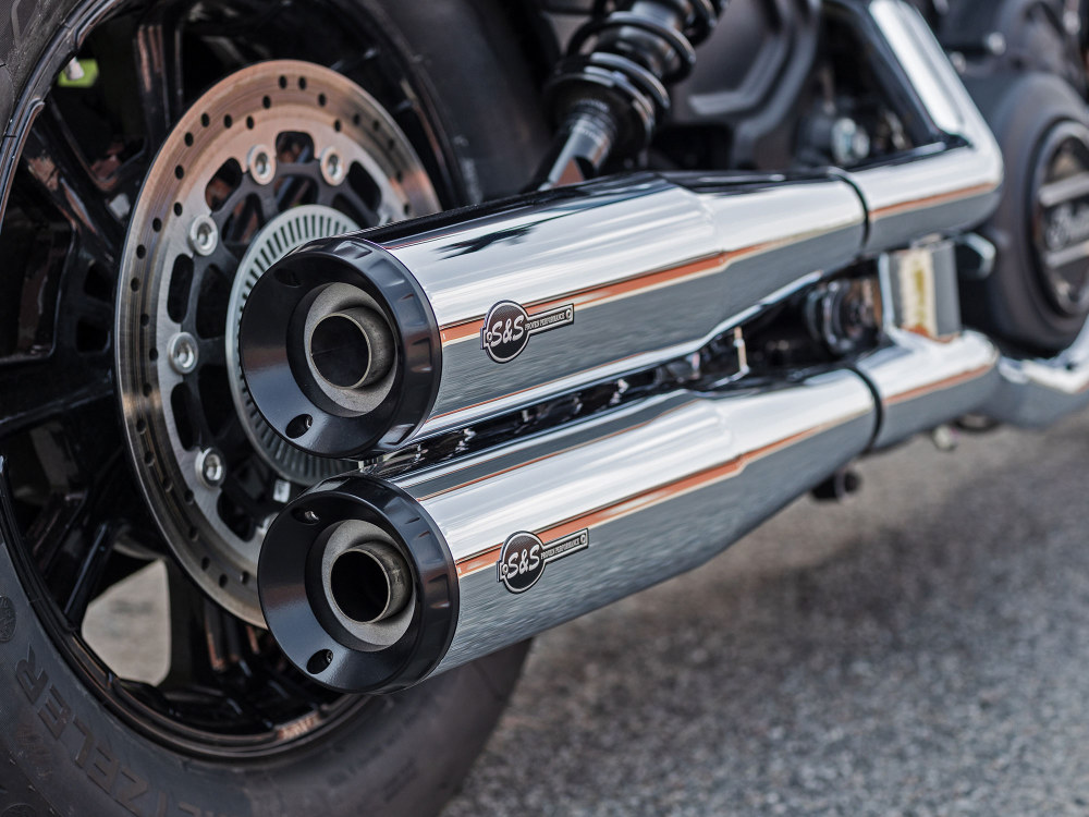 4in. Grand National Slip-On Mufflers - Chrome with Black End Caps. Fits Indian Scout 2015up.