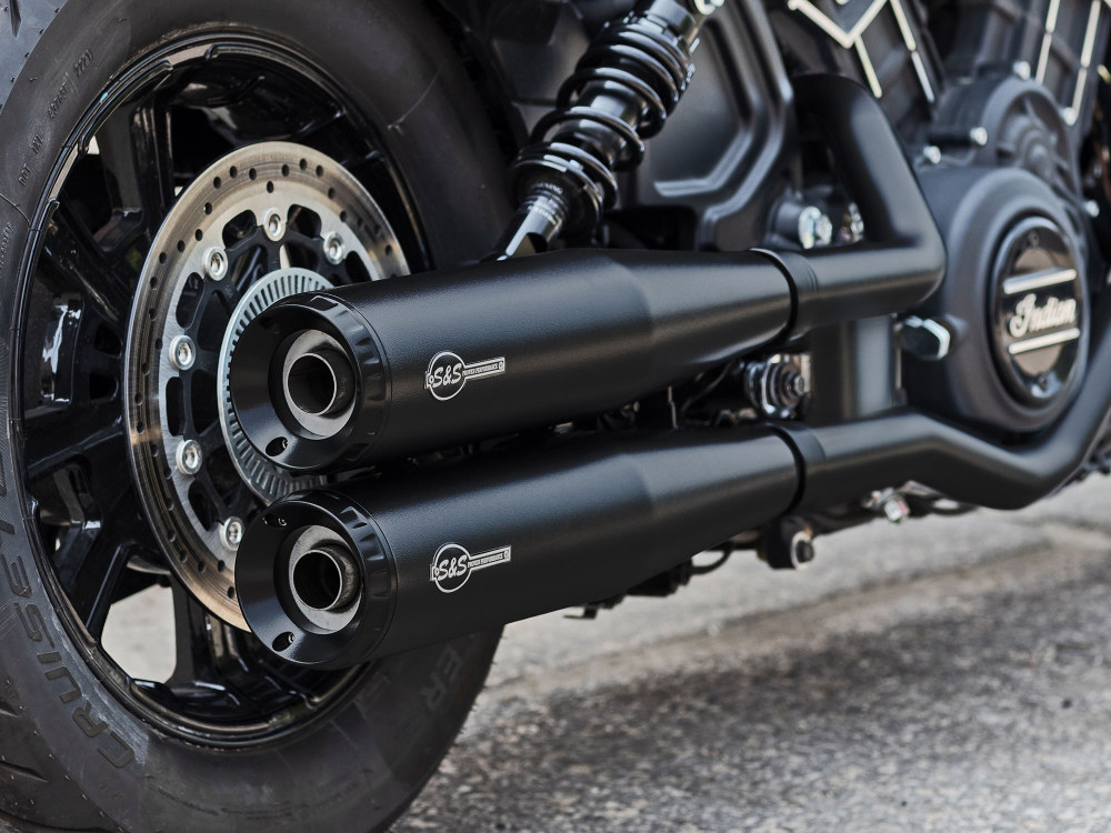 4in. Grand National Slip-On Mufflers - Black with Black End Caps. Fits Indian Scout 2015up.