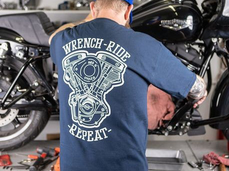 Wrench Ride Repeat Navy Shovel Head T-Shirt – Medium