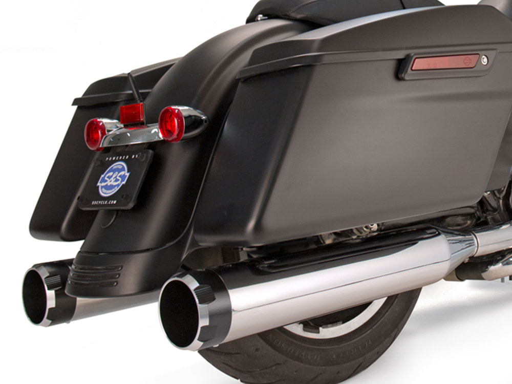 4-1/2in. Mk45 Slip-On Mufflers – Chrome with Black Thruster End Caps. Fits Touring 1995-2016.