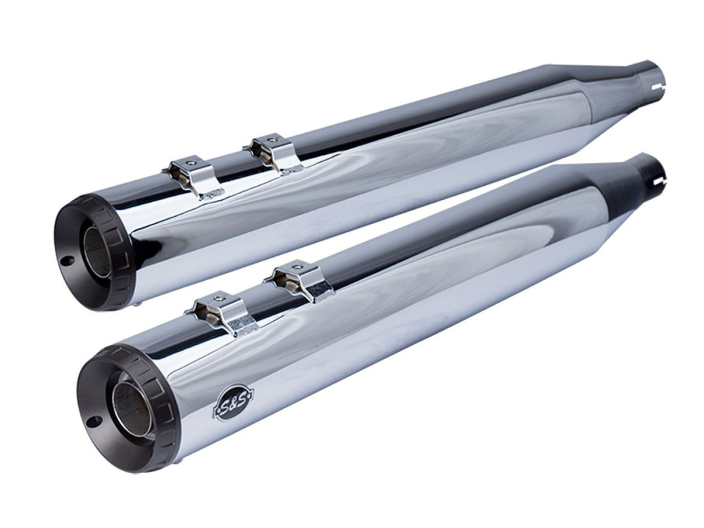 4in. Grand National Slip-On Mufflers - Chrome with Black End Caps. Fits Touring 1995-2016 & Trike 2017-2020.