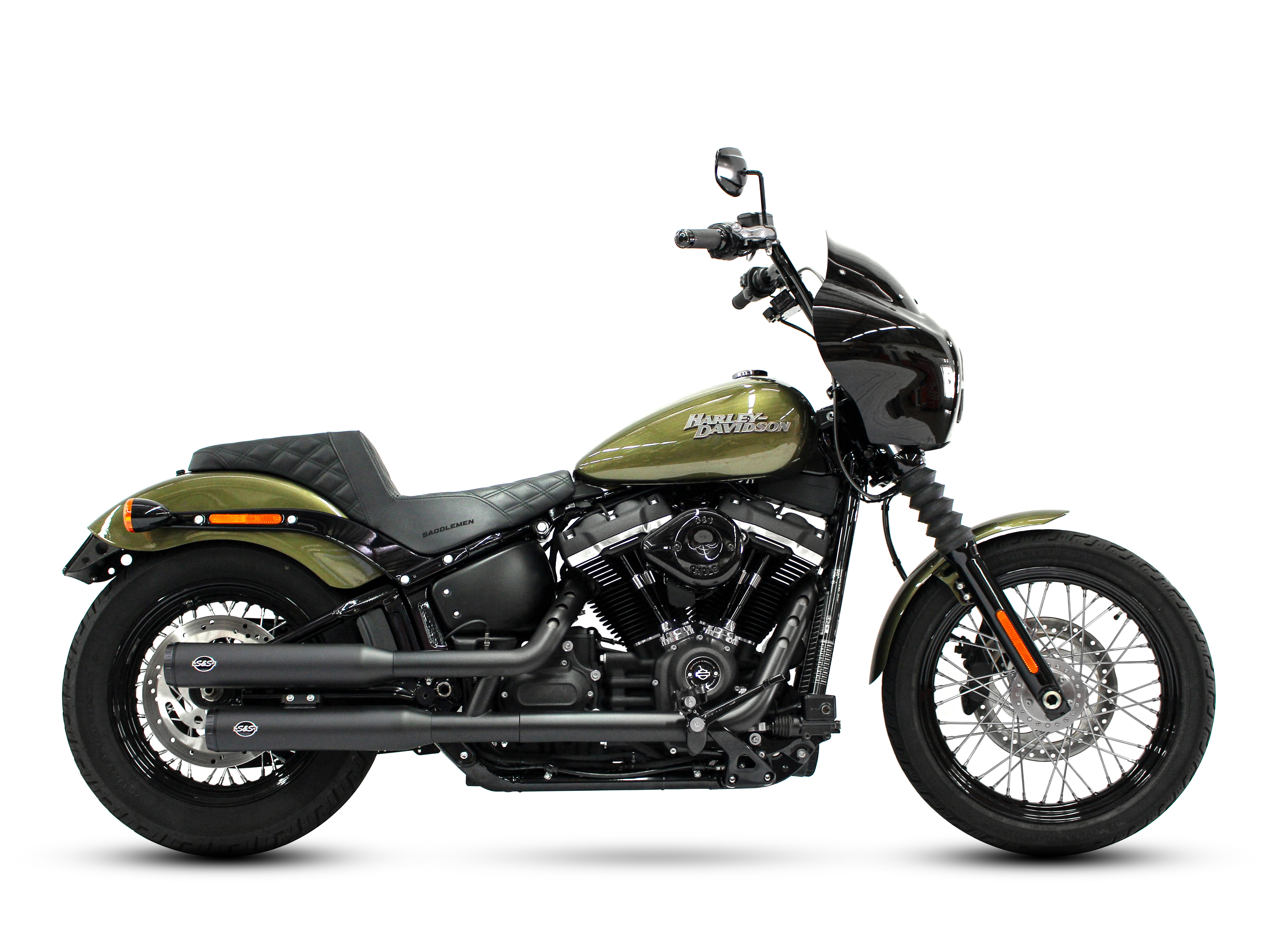 3-1/2in. Grand National Slip-On Mufflers - Black with Black End Caps. Fits Softail Slim, Street Bob, Standard & Low Rider Models 2018-2024 & Breakout & Fat Boy 2018up