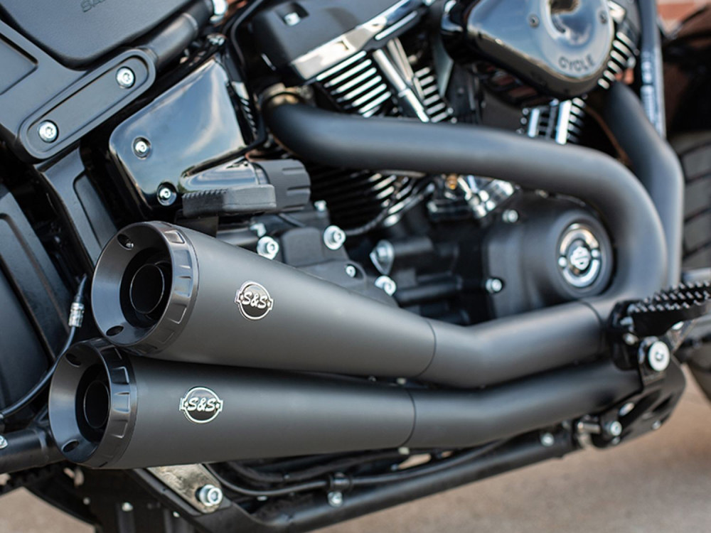 Grand National 2-into-2 Exhaust - Black with Black End Caps. Fits Street Bob, Low Rider, Slim, Fat Bob & Deluxe 2018up.