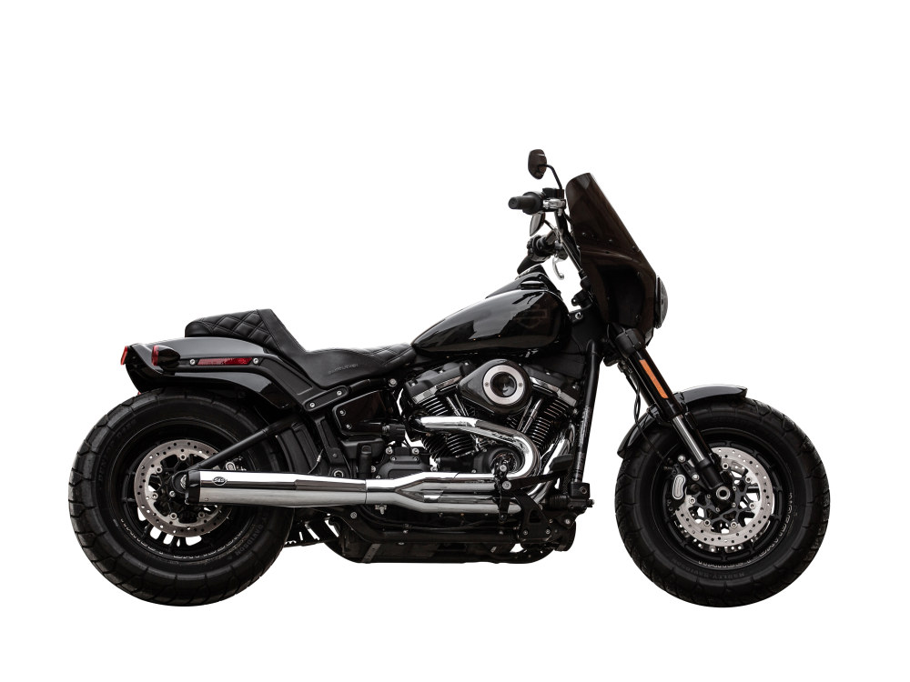 2-into-1 SuperStreet Exhaust – Chrome with Black End Cap. Fits Softail 2018up Non-240 Rear Tyre Models.