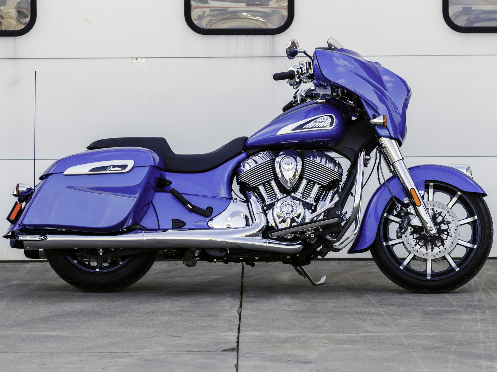 Broadhead 4in. Slip-On Mufflers - Chrome with Black End Caps. Fits Indian Big Twin 2014up with Hard Saddle Bags.