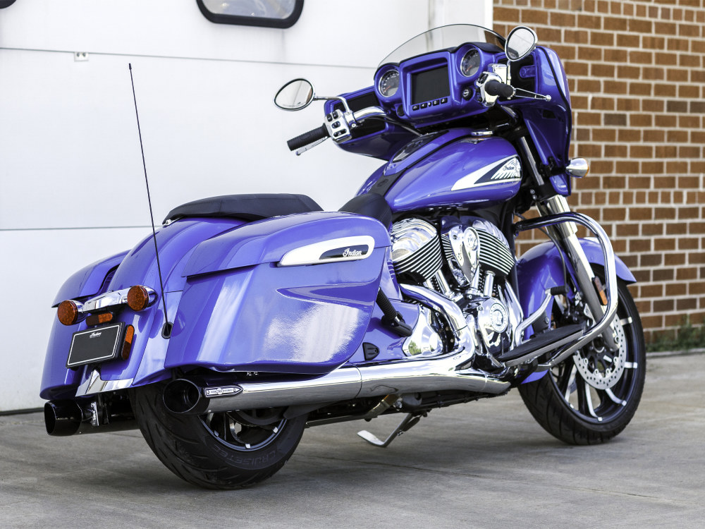 Broadhead 4in. Slip-On Mufflers – Chrome with Black End Caps. Fits Indian Big Twin 2014up with Hard Saddle Bags.