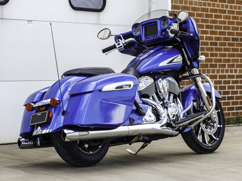 Fishtail 4in. Slip-On Mufflers – Chrome with Chrome End Caps. Fits Indian Big Twin 2014up with Hard Saddle Bags.