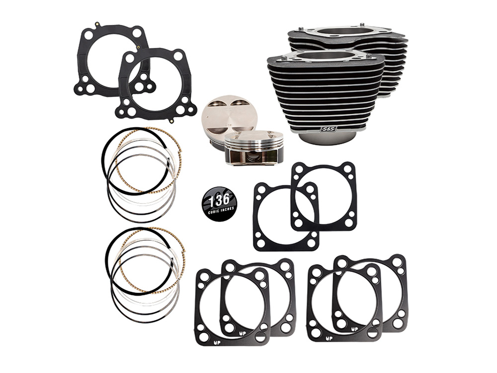 136ci Big Bore Kit with Highlighted Fins - Black Granite. 12.0:1 Compression. Fits CVO Milwaukee-Eight 2023up with 121ci Engine - S&S