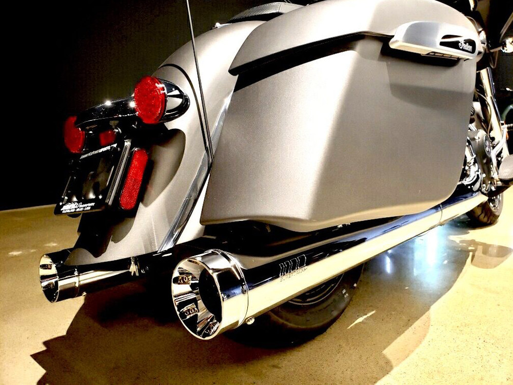 4in. Slip-On Mufflers – Chrome with Chrome End Caps. Fits Indian Big Twin with Hard Saddle Bags.