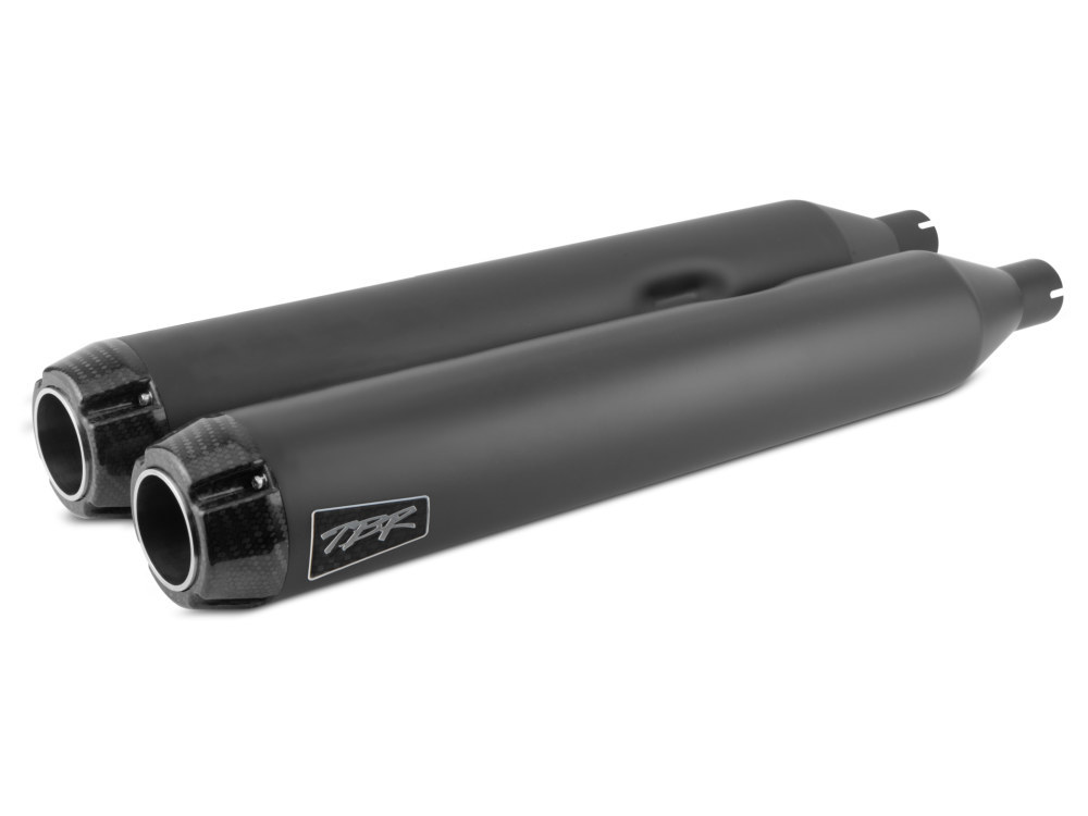 4in. Slip-On Mufflers – Black with Carbon Fiber End Caps. Fits Touring 2017up.