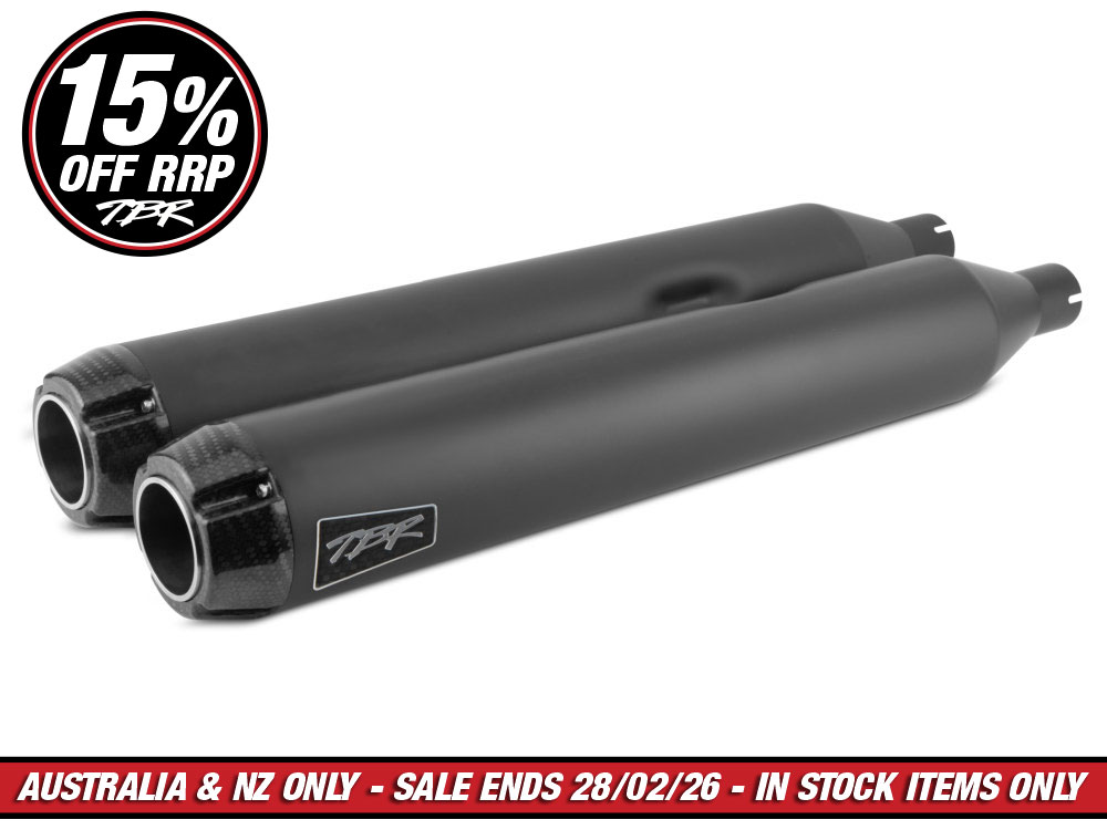 4in. Slip-On Mufflers - Black with Carbon Fiber End Caps. Fits Touring 2017up.