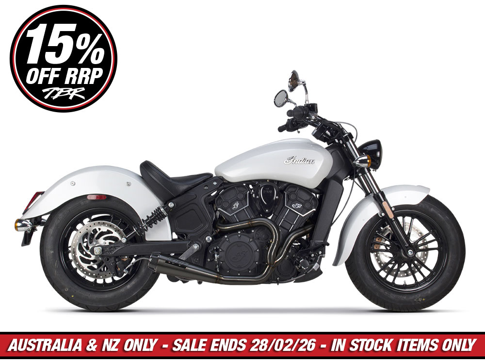 Comp-S 2-into-1 Exhaust - Black with Carbon Fiber End Cap. Fits Indian Scout 2015-2024 & also fits Victory Octane.