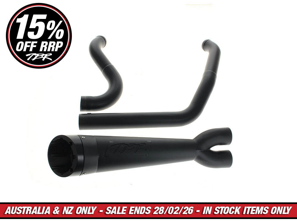 Shorty Turnout 2-into-1 Exhaust - Black with Black End Cap. Fits Softail 2025up with Non-240 Rear Tyre