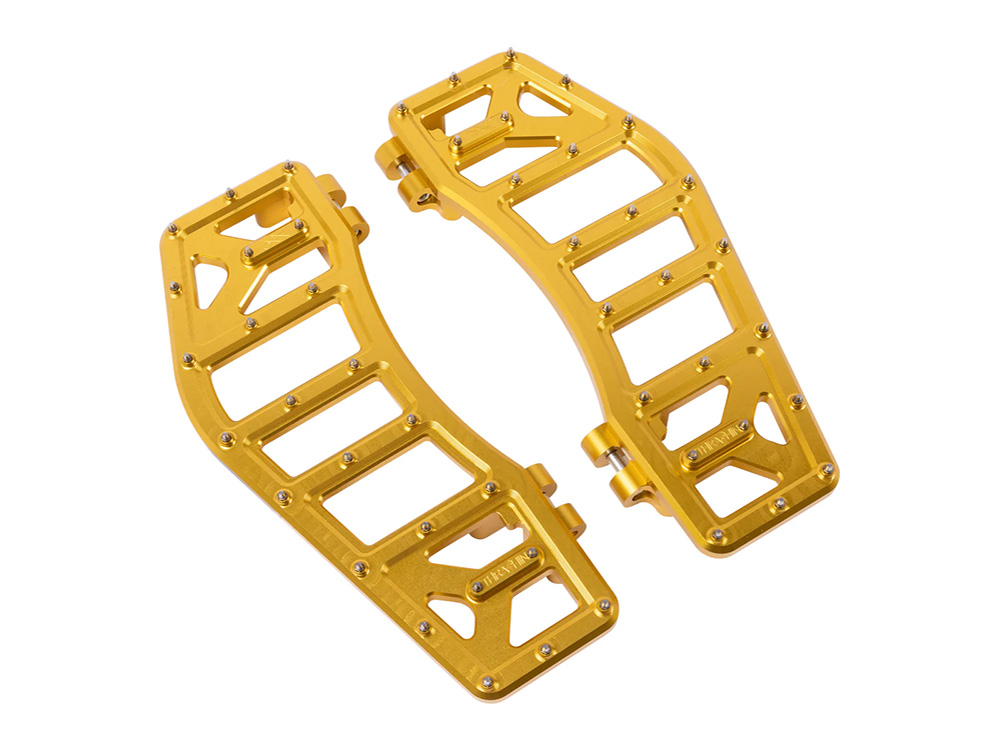 Aggressor Rider Floorboards - Gold. Fits Touring 1980up, FL Softail 1986-2017 & Dyna Switchback 2012-2016