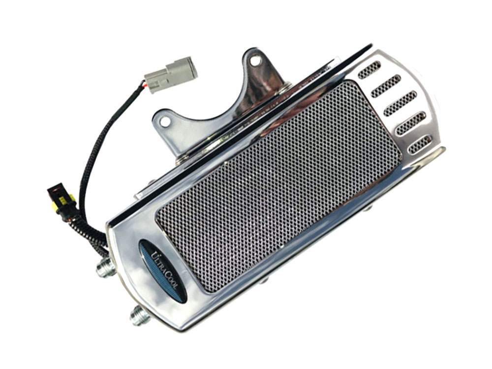 Fan Assisted Side Mount Oil Cooler Kit - Chrome. Fits Touring 2017-2024 with Harley-Davidson Full Size Engine Guard