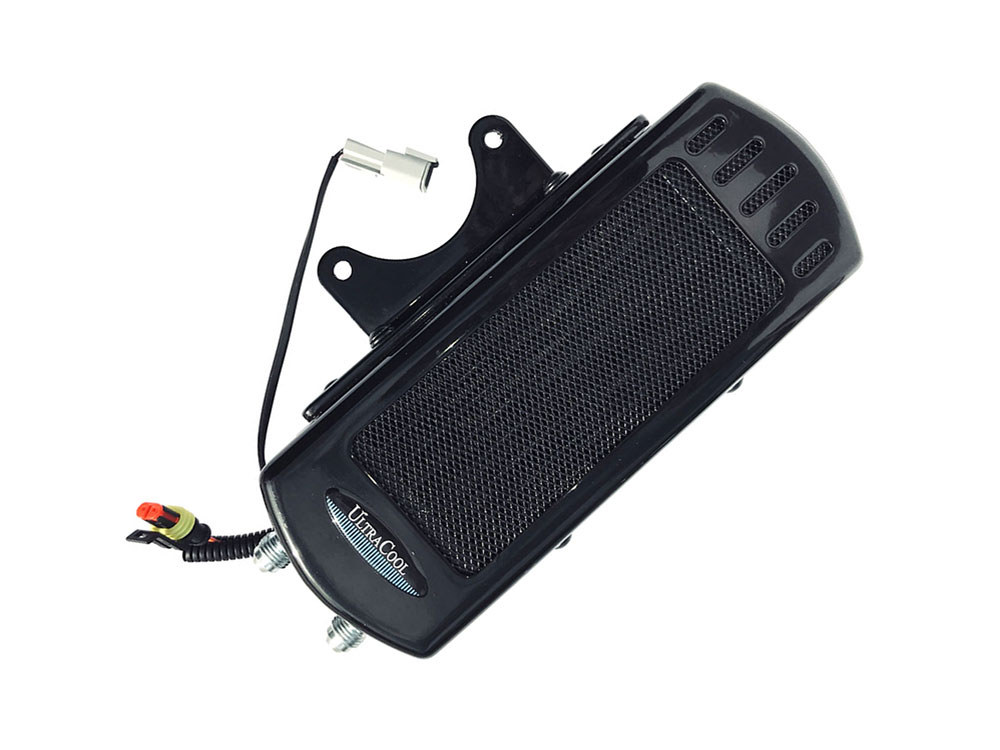 Fan Assisted Side Mount Oil Cooler Kit - Gloss Black. Fits Touring 2017-2024 with Harley-Davidson Full Size Engine Guard