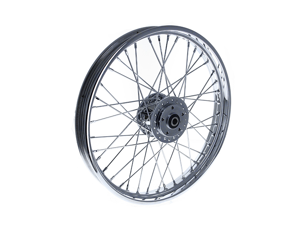 V-Factor 21in. x 2.15in. Front 40 Spoke Cross Laced Wheel - Chrome. Fits Narrow Glide Dyna 1991-1999, FXR 1984-1994 & Sportster 1984-1999.