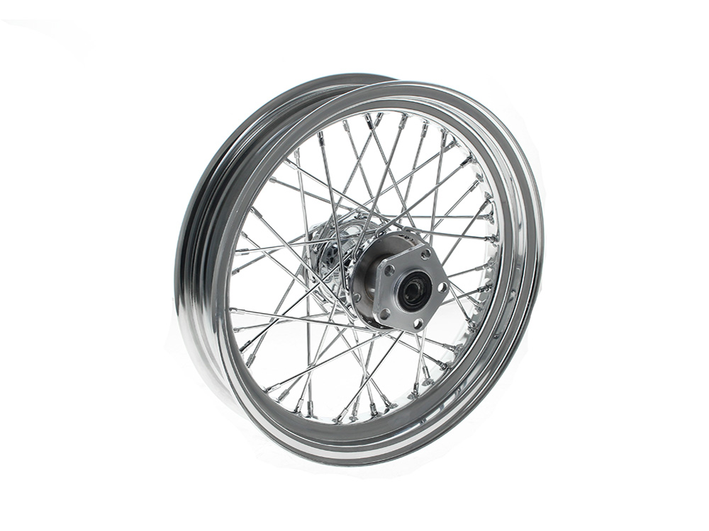 16in. x 3.0in. Rear 40 Spoke Cross Laced Wheel - Chrome. Fits Softail 1986-1999, Dyna 1991-1999, FXR 1986-1994 & Sportster 1986-1999.