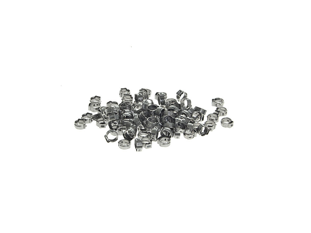 11/32in. Stepless Ear Clamps - Pack of 100. Size range is 7.8 to 9.5mm