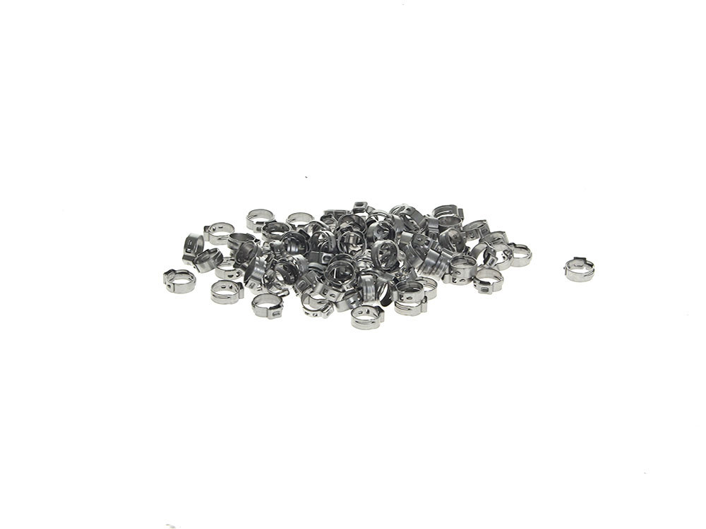 7/16in. Stepless Ear Clamps - Pack of 100. Size range is 10.3mm to 12.8mm