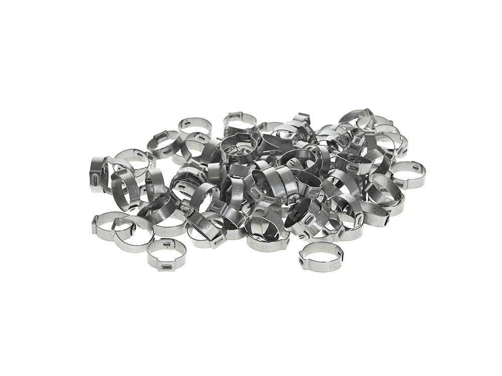 13/16in. Step Type Ear Clamps - Pack of 100. Size range is 17.8mm to 21.0mm