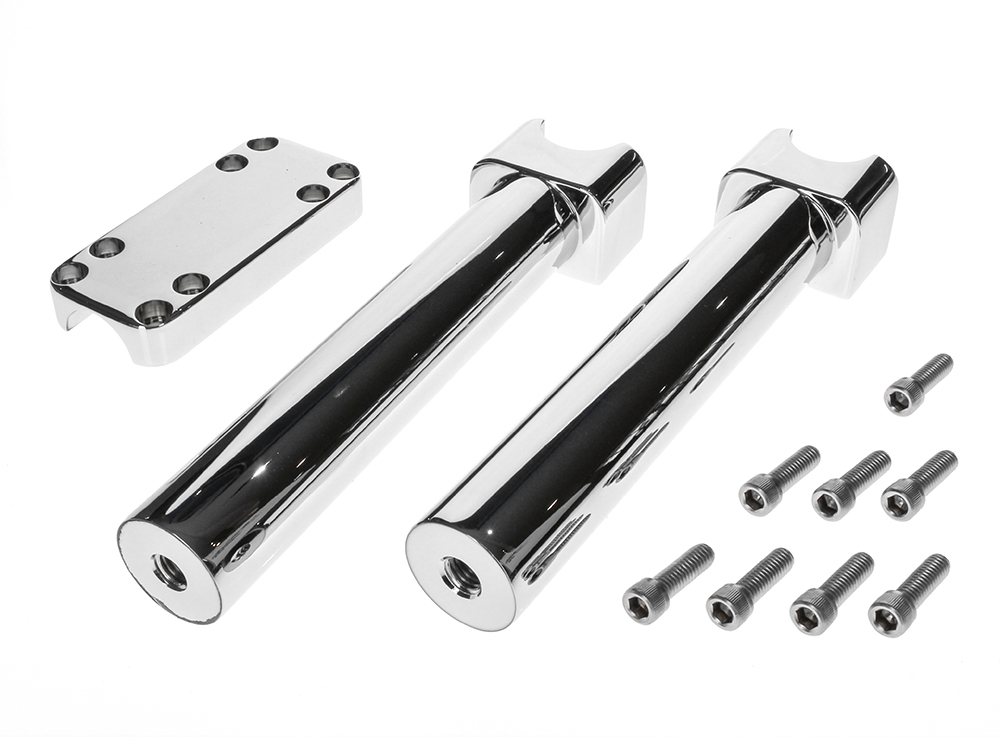 10in. Tall Savage Risers with Top Clamp – Chrome. Fits 1-1/4in. Handlebar.