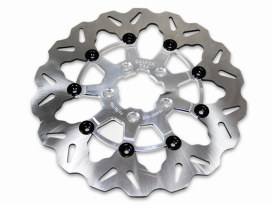 11.5in. Rear Floating Wave Disc Rotor with Clear Anodized Silver Carrier. Fits Big Twin 2000up & Sportster 2000-2010. 