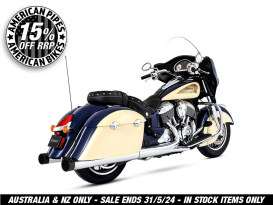 4in. Slip-On Mufflers - Chrome with Black End Caps. Fits Indian Big Twin with Hard Saddle Bags. 